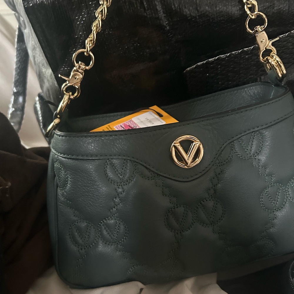 Mario Valentino Dark Green Quilted Leather Crossbody with Gold V Emblem